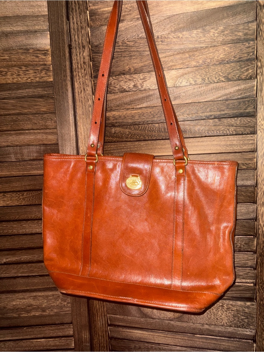 Vintage Dooney & Bourke AWL British Tan Large Leather Shopper Tote Duck Logo USA